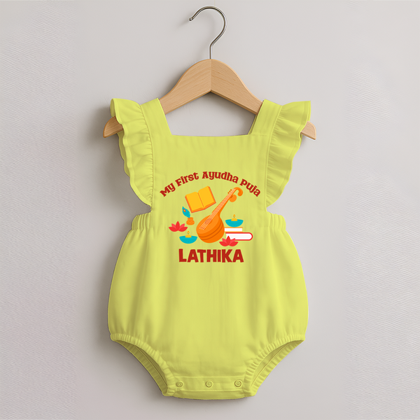 Tiny Festival Star Ayudha Puja Romper Frock | Personalized Baby Outfit - PASTEL YELLOW - 0 - 3 Months Old (Chest 19")