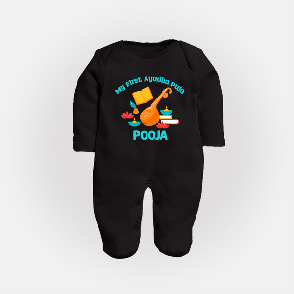 Tiny Festival Star Ayudha Puja Sleep Suit | Personalized Baby Outfit - BLACK - New Born (Chest 7.5")