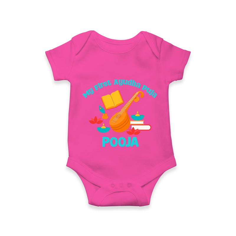 Tiny Festival Star Ayudha Puja Romper | Personalized Baby Outfit - HOT PINK - New Born (Chest 14")
