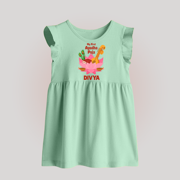 Little Devotee Ayudha Puja Baby Frock | Personalized Baby Outfit for Celebration - MINT GREEN - 0 - 3 Months Old (Chest 17")