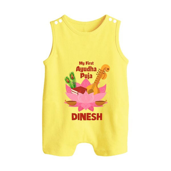 Little Devotee Ayudha Puja Romper Suit | Personalized Baby Outfit for Celebration - PASTEL YELLOW - 0 - 5 Months Old (Chest 18")