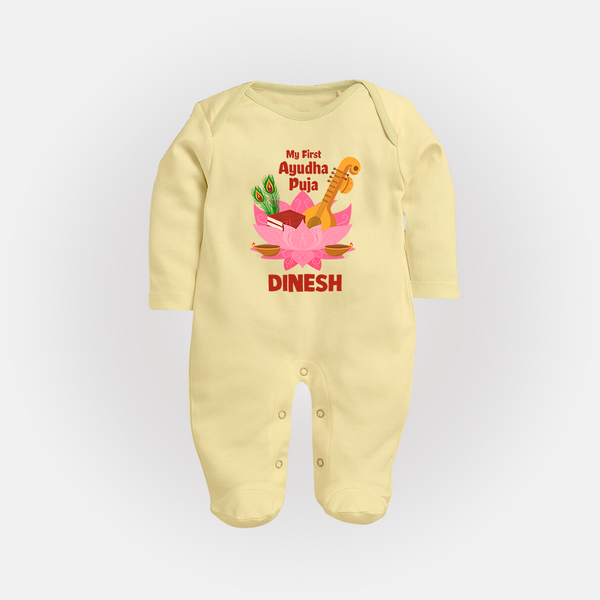 My First Ayudha Puja Divine Blessings Full Body Suit - PASTEL YELLOW - New Born (Chest 7.5")