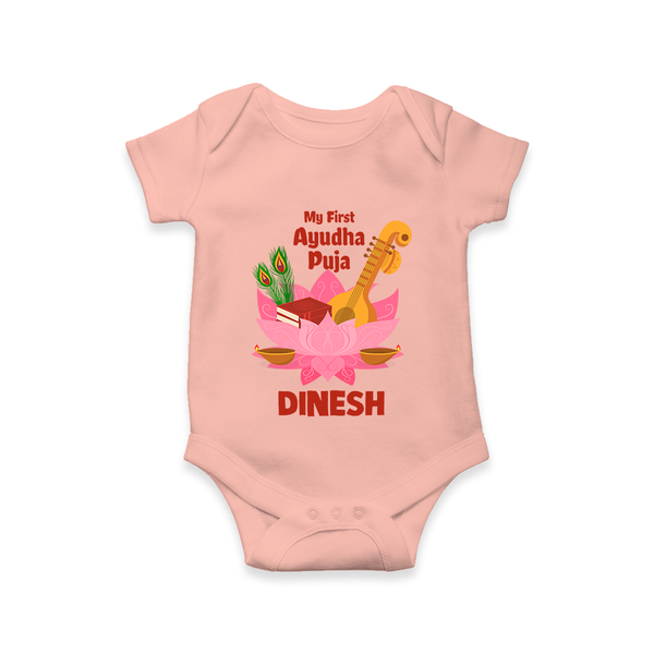 Little Devotee Ayudha Puja Romper | Personalized Baby Outfit for Celebration - PEACH - New Born (Chest 14")