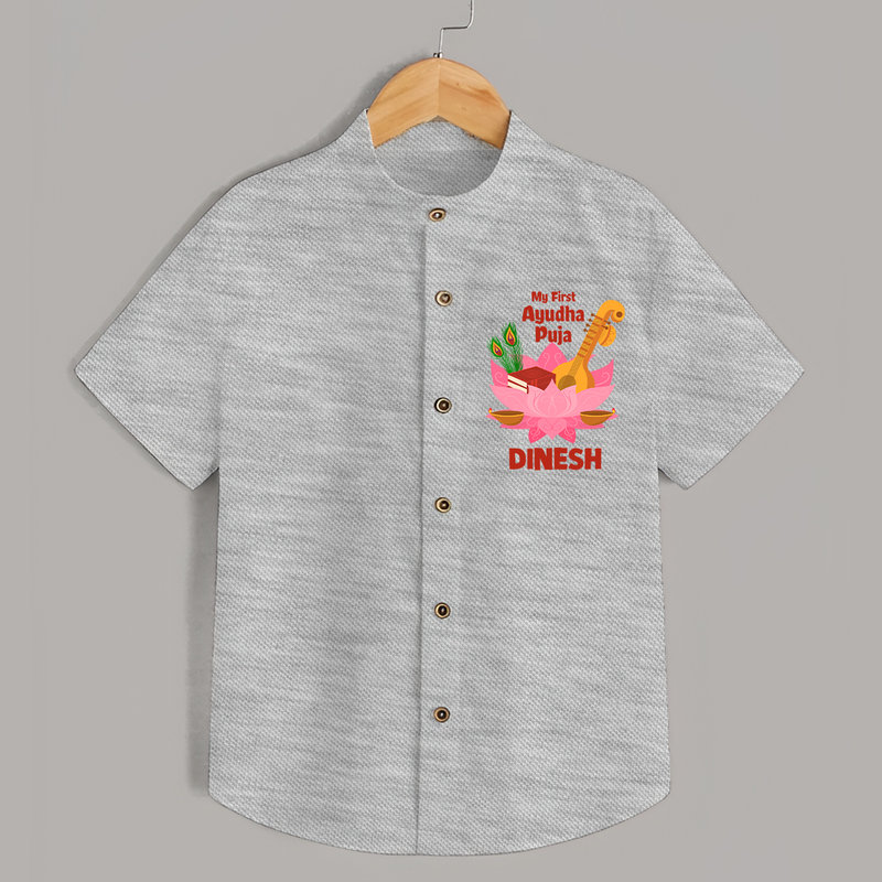 Little Devotee Ayudha Puja Shirt | Personalized Baby Outfit for Celebration - GREY - 0 - 6 Months Old (Chest 23")
