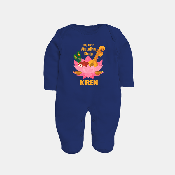 Little Devotee Ayudha Puja Sleep Suit | Personalized Baby Outfit for Celebration - NAVY BLUE - New Born (Chest 7.5")