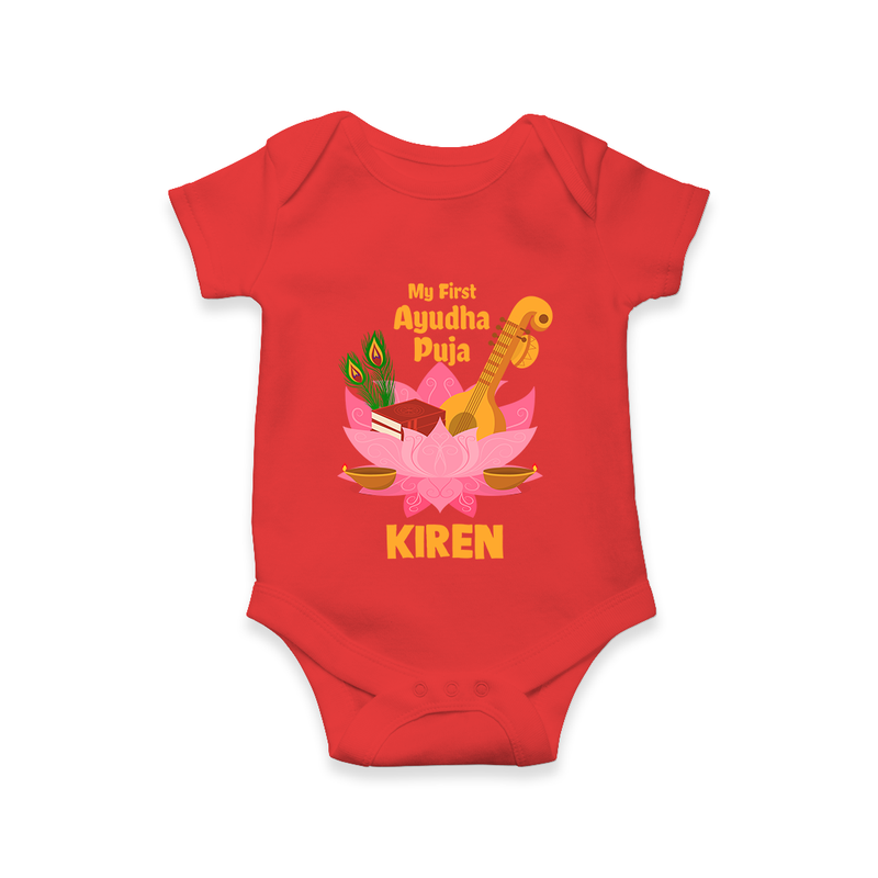 Little Devotee Ayudha Puja Romper | Personalized Baby Outfit for Celebration - RED - New Born (Chest 14")