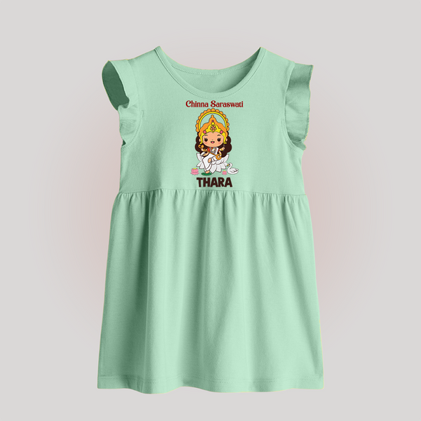  Little Saraswati Goddess Blessings Baby Frock - MINT GREEN - 0 - 3 Months Old (Chest 17")