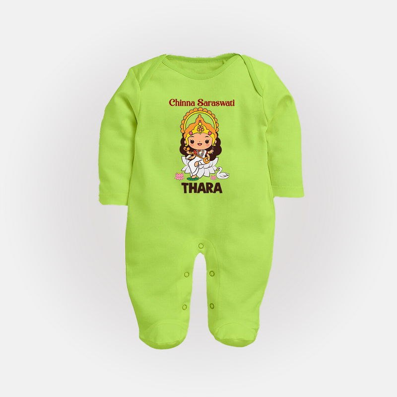 Chinna Saraswati Sleep Suit | Personalized Baby Sleep Suit for Ayudha Puja - LIME GREEN - New Born (Chest 7.5")