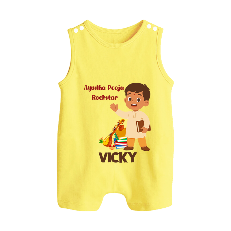 Ayudha Puja Rockstar Romper Suit | Personalized Baby Romper Suit for Little Devotees - PASTEL YELLOW - 0 - 5 Months Old (Chest 18")