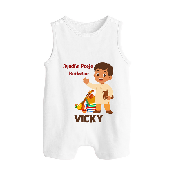  Ayudha Puja Rockstar Celebration Button Romper - WHITE - New Born (Chest 18")