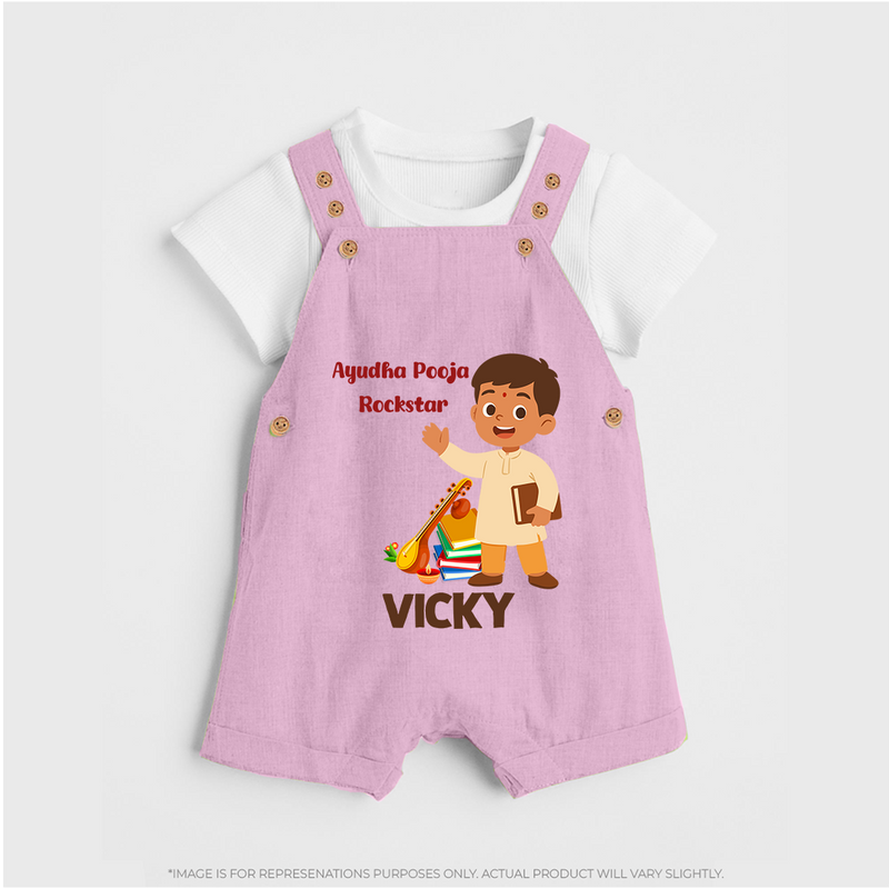 Ayudha Puja Rockstar Dungaree Set | Personalized Baby Dungaree Set for Little Devotees - BABY PINK - 0 - 5 Months Old (Chest 18")
