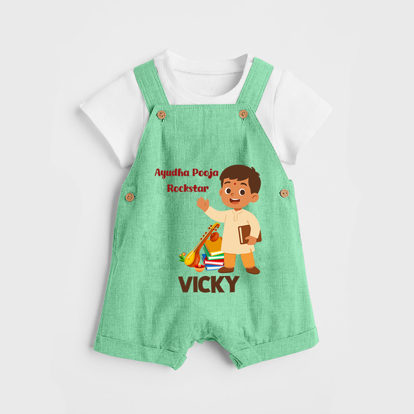 Ayudha Puja Rockstar Dungaree Set | Personalized Baby Dungaree Set for Little Devotees - GREEN - 0 - 5 Months Old (Chest 18")
