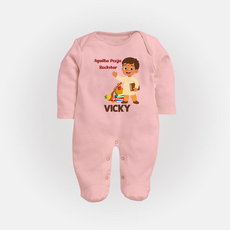 Ayudha Puja Rockstar Sleep Suit | Personalized Baby Sleep Suit for Little Devotees - BABY PINK - New Born (Chest 7.5")