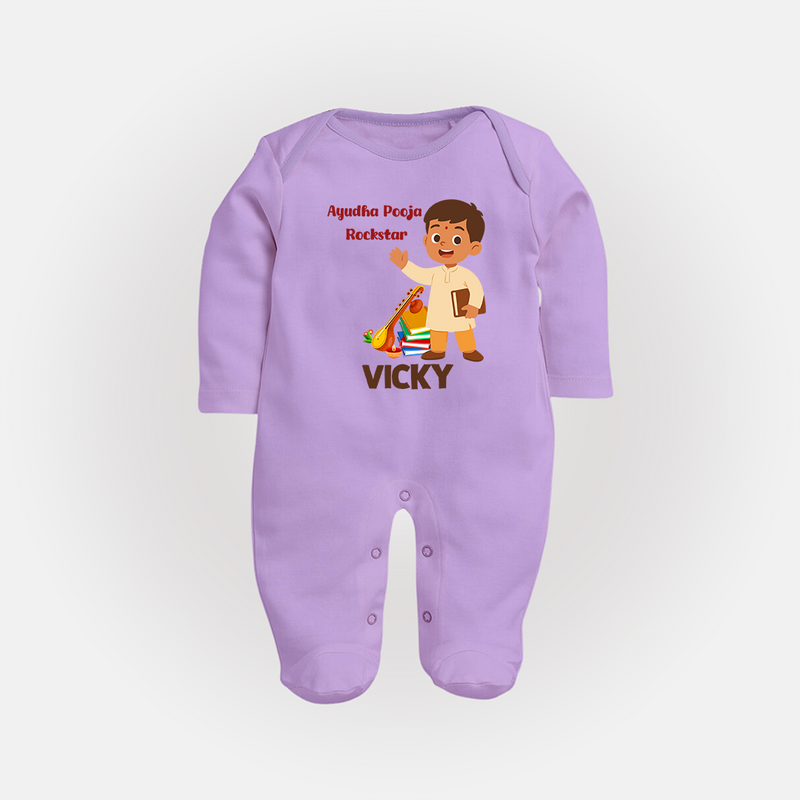 Ayudha Puja Rockstar Sleep Suit | Personalized Baby Sleep Suit for Little Devotees - LILAC - New Born (Chest 7.5")