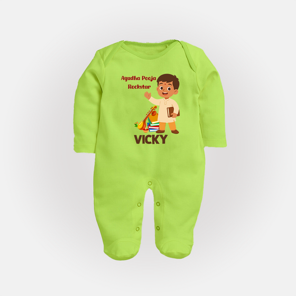  Ayudha Puja Rockstar Celebration Full Body Suit - LIME GREEN - New Born (Chest 7.5")