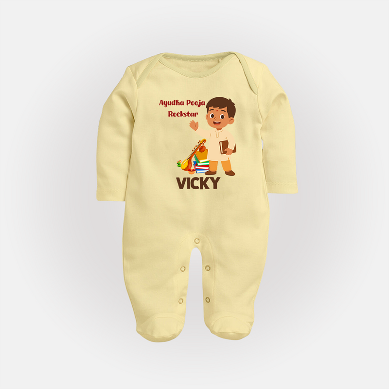 Ayudha Puja Rockstar Sleep Suit | Personalized Baby Sleep Suit for Little Devotees - PASTEL YELLOW - New Born (Chest 7.5")
