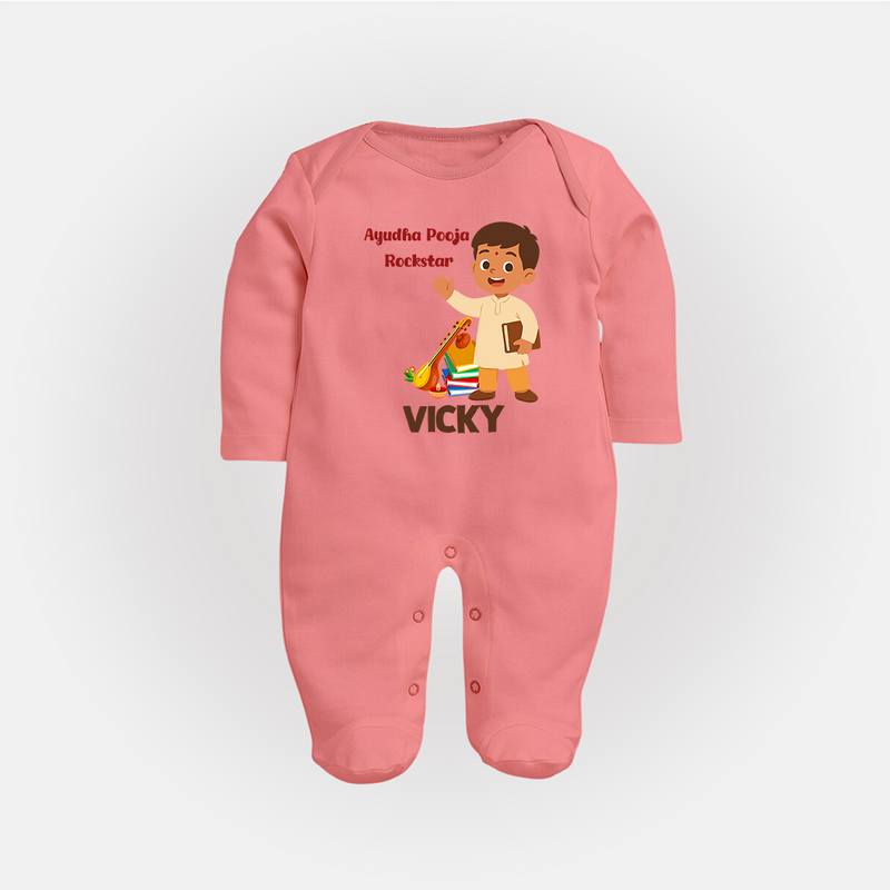 Ayudha Puja Rockstar Sleep Suit | Personalized Baby Sleep Suit for Little Devotees - PEACH - New Born (Chest 7.5")