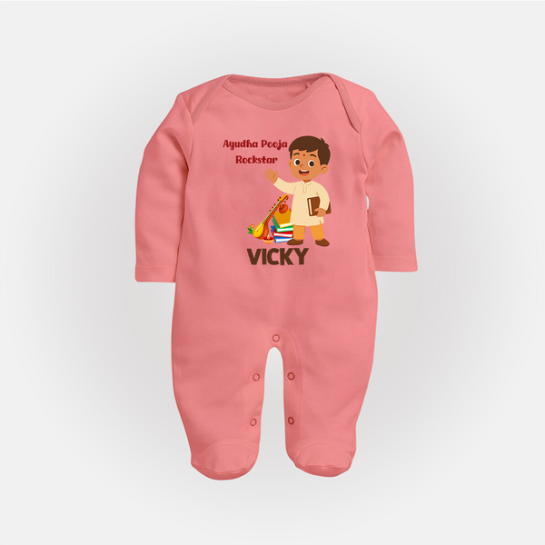 Ayudha Puja Rockstar Celebration Full Body Suit - PEACH - New Born (Chest 7.5")
