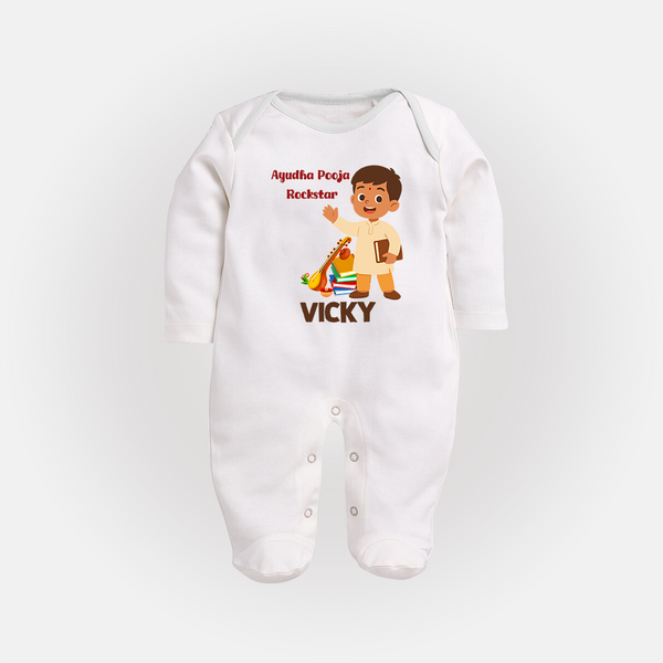  Ayudha Puja Rockstar Celebration Full Body Suit - WHITE - New Born (Chest 7.5")