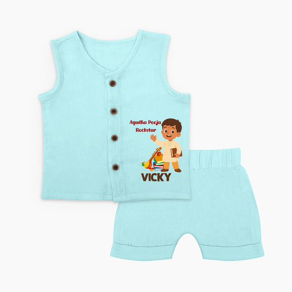 Ayudha Puja Rockstar Jabla Set | Personalized Baby Jabla Set for Little Devotees - BABY BLUE - 0 - 3 Months Old (Chest 9.8")
