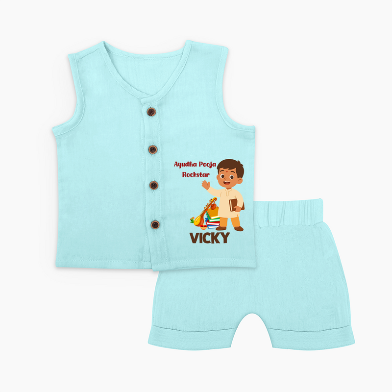 Ayudha Puja Rockstar Jabla Set | Personalized Baby Jabla Set for Little Devotees - BABY BLUE - 0 - 3 Months Old (Chest 9.8")