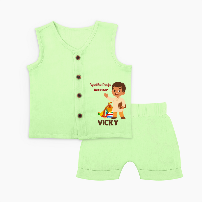 Ayudha Puja Rockstar Jabla Set | Personalized Baby Jabla Set for Little Devotees - PASTEL GREEN - 0 - 3 Months Old (Chest 9.8")