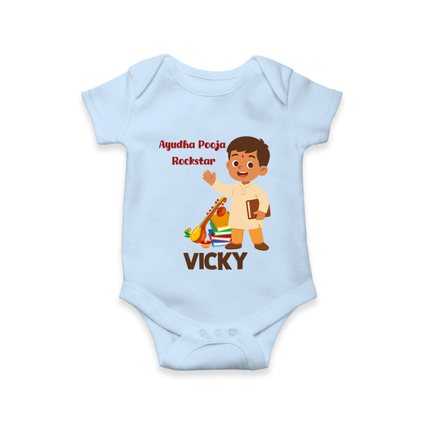 Ayudha Puja Rockstar Romper | Personalized Baby Romper for Little Devotees - BABY BLUE - New Born (Chest 14")