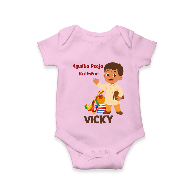 Ayudha Puja Rockstar Romper | Personalized Baby Romper for Little Devotees - BABY PINK - New Born (Chest 14")