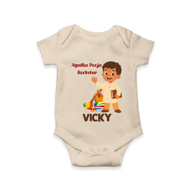 Ayudha Puja Rockstar Romper | Personalized Baby Romper for Little Devotees - IVORY - New Born (Chest 14")
