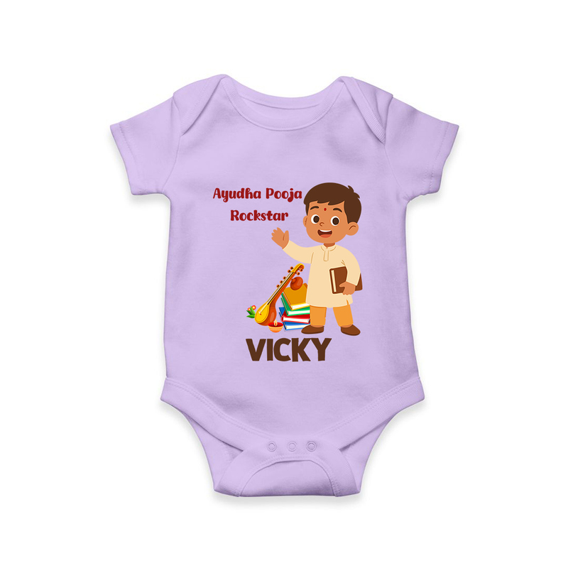 Ayudha Puja Rockstar Romper | Personalized Baby Romper for Little Devotees - LILAC - New Born (Chest 14")