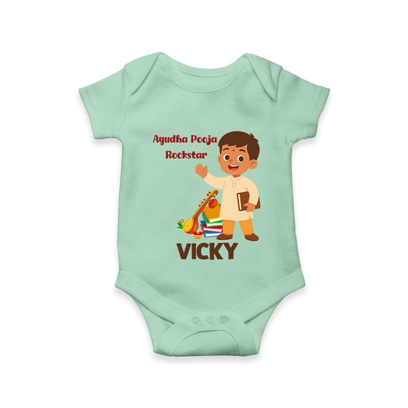 Ayudha Puja Rockstar Romper | Personalized Baby Romper for Little Devotees - MINT GREEN - New Born (Chest 14")