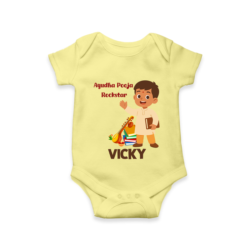 Ayudha Puja Rockstar Romper | Personalized Baby Romper for Little Devotees - PASTEL YELLOW - New Born (Chest 14")