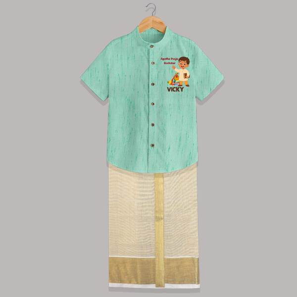  Ayudha Puja Rockstar Celebration Shirt and Dhoti - AQUA GREEN - 0 - 6 Months Old (Chest-23") (Dhoti length-14")