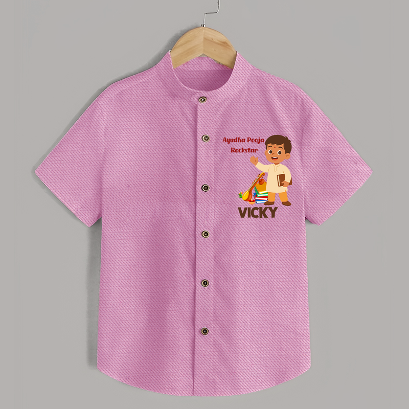 Ayudha Puja Rockstar Shirt | Personalized Baby Shirt for Little Devotees - BABY PINK - 0 - 6 Months Old (Chest 23")
