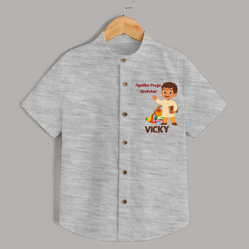 Ayudha Puja Rockstar Shirt | Personalized Baby Shirt for Little Devotees - GREY - 0 - 6 Months Old (Chest 23")