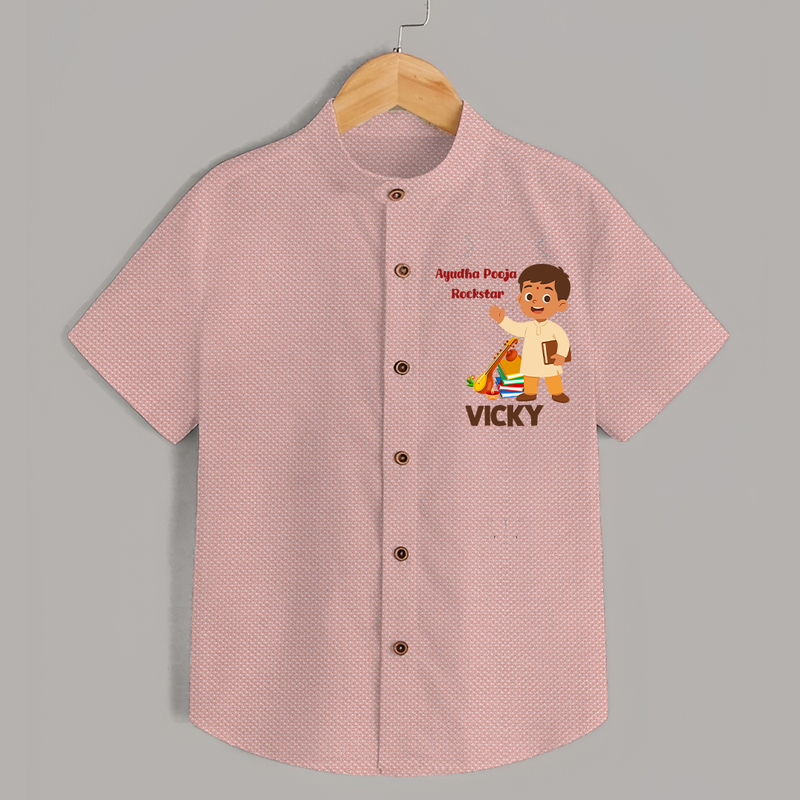 Ayudha Puja Rockstar Shirt | Personalized Baby Shirt for Little Devotees - PEACH - 0 - 6 Months Old (Chest 23")