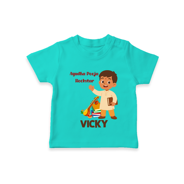 Ayudha Puja Rockstar Tshirt | Personalized Baby Tshirt for Little Devotees - TEAL - 0-5 Months Old (Chest 17")
