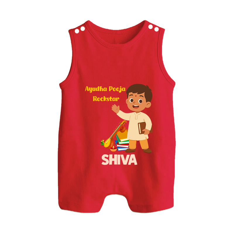 Ayudha Puja Rockstar Romper Suit | Personalized Baby Romper Suit for Little Devotees - RED - 0 - 5 Months Old (Chest 18")