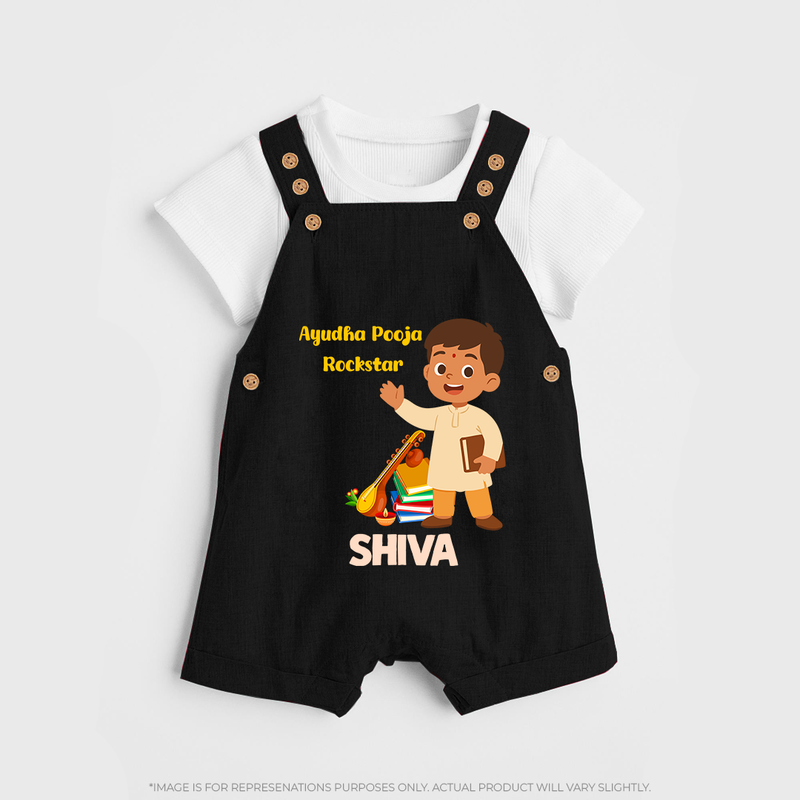 Ayudha Puja Rockstar Dungaree Set | Personalized Baby Dungaree Set for Little Devotees - BLACK - 0 - 5 Months Old (Chest 18")