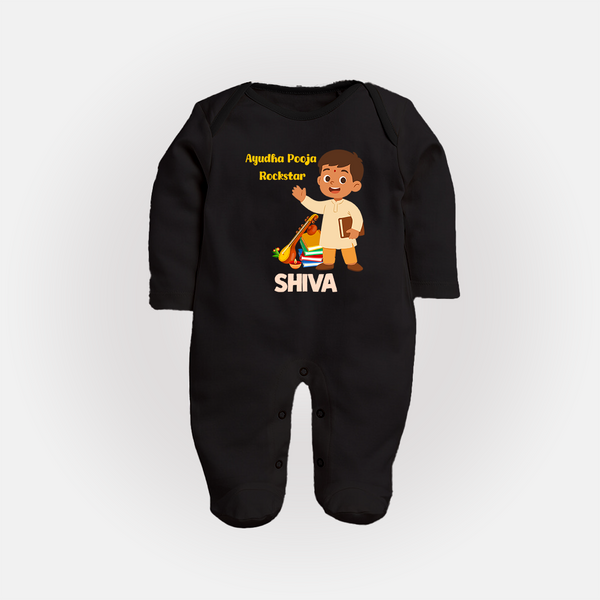 Ayudha Puja Rockstar Sleep Suit | Personalized Baby Sleep Suit for Little Devotees - BLACK - New Born (Chest 7.5")