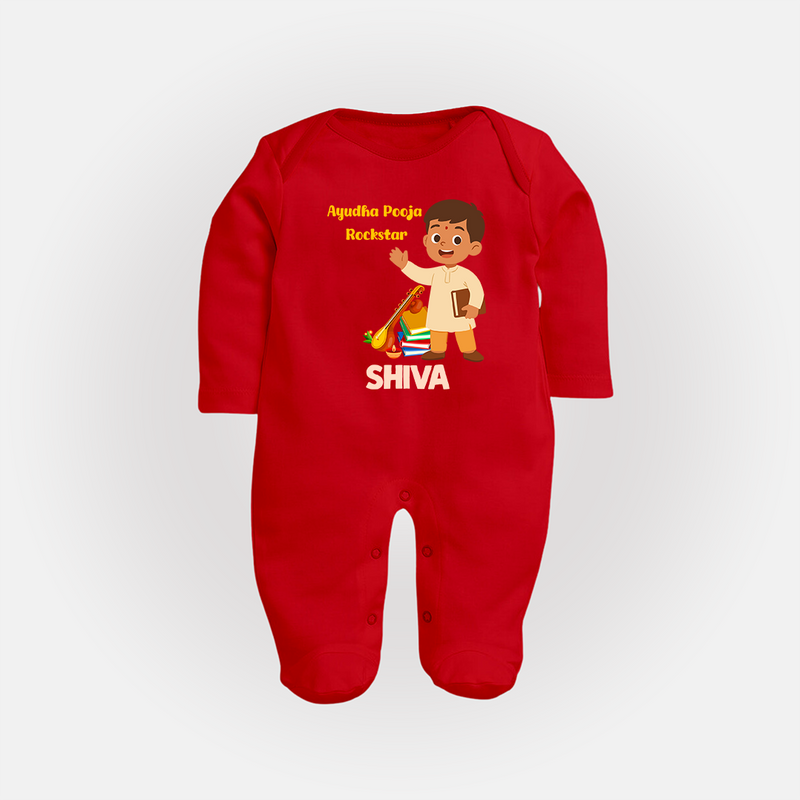 Ayudha Puja Rockstar Sleep Suit | Personalized Baby Sleep Suit for Little Devotees - RED - New Born (Chest 7.5")