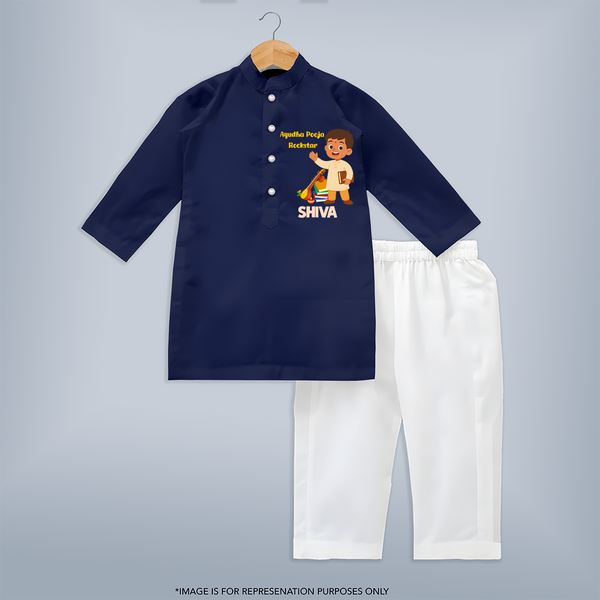Ayudha Puja Rockstar Kurta Set | Personalized Baby Kurta Set for Little Devotees - NAVY BLUE - 3 - 6 Months Old (Chest 24", Kurta Length 14'', Waist 19", Pant Length 14")