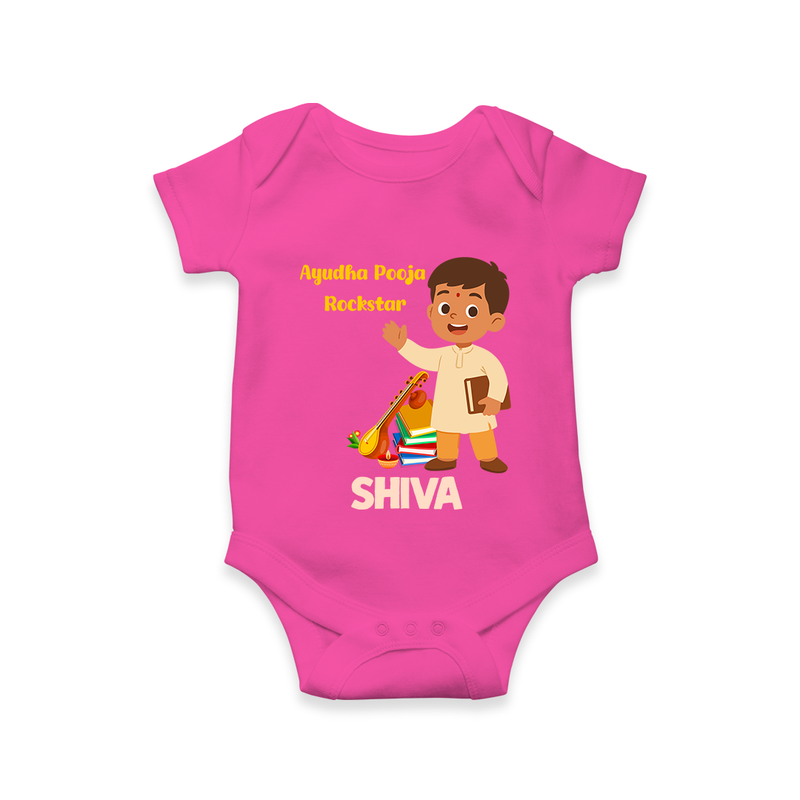 Ayudha Puja Rockstar Romper | Personalized Baby Romper for Little Devotees - HOT PINK - New Born (Chest 14")