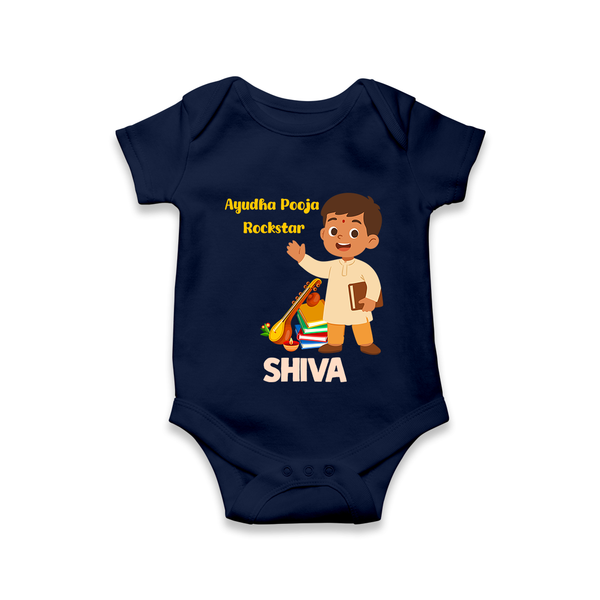 Ayudha Puja Rockstar Romper | Personalized Baby Romper for Little Devotees - NAVY BLUE - New Born (Chest 14")
