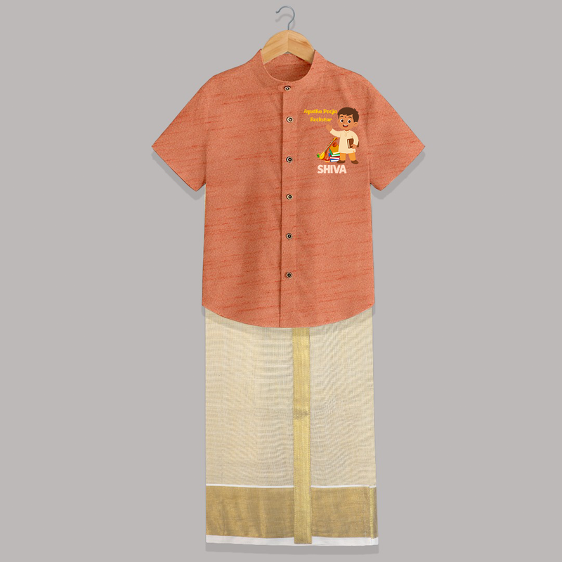 Ayudha Puja Rockstar Shirt And Dhoti | Personalized Baby Shirt And Dhoti for Little Devotees - ORANGE - 0 - 6 Months Old (Chest-23") (Dhoti length-14")