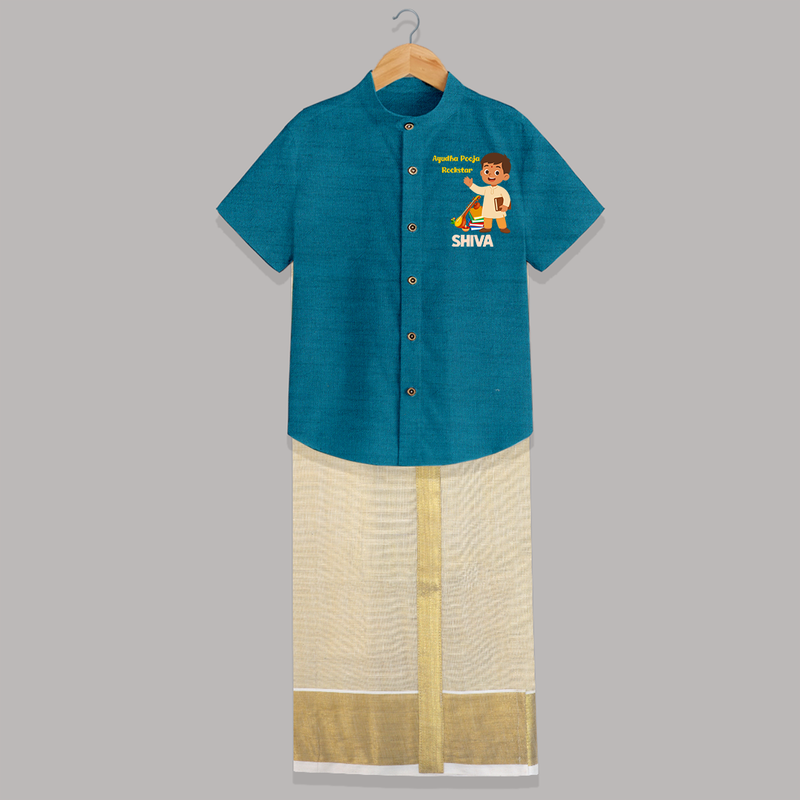 Ayudha Puja Rockstar Shirt And Dhoti | Personalized Baby Shirt And Dhoti for Little Devotees - PEACOCK BLUE - 0 - 6 Months Old (Chest-23") (Dhoti length-14")