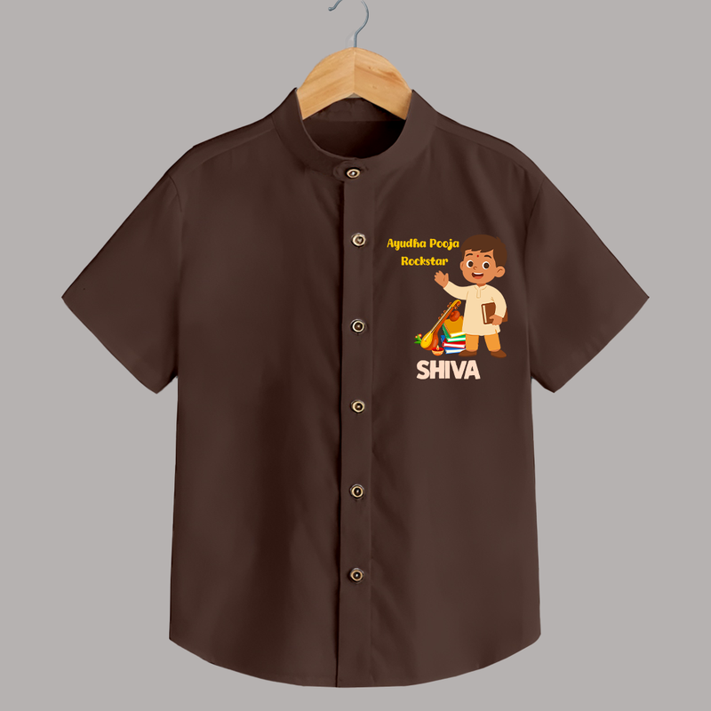Ayudha Puja Rockstar Shirt | Personalized Baby Shirt for Little Devotees - CHOCOLATE BROWN - 0 - 6 Months Old (Chest 23")