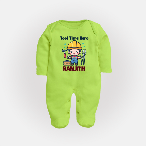 Tool Time Hero Sleep Suit | Custom Baby Sleep Suit for Festival and Fun - LIME GREEN - New Born (Chest 7.5")