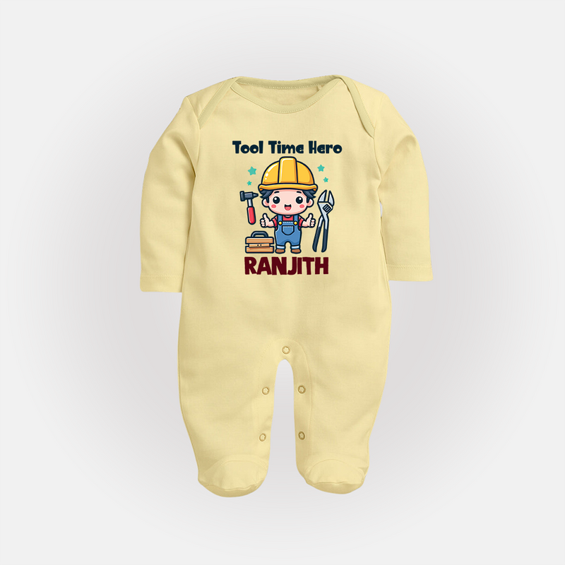 Tool Time Hero Sleep Suit | Custom Baby Sleep Suit for Festival and Fun - PASTEL YELLOW - New Born (Chest 7.5")