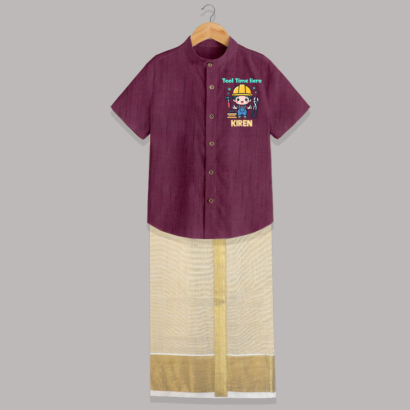 Tool Time Hero Shirt And Dhoti | Custom Baby Shirt And Dhoti for Festival and Fun - WINE - 0 - 6 Months Old (Chest-23") (Dhoti length-14")